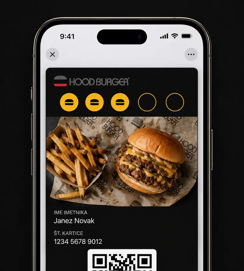 Hood Burger kartica v Apple Wallet